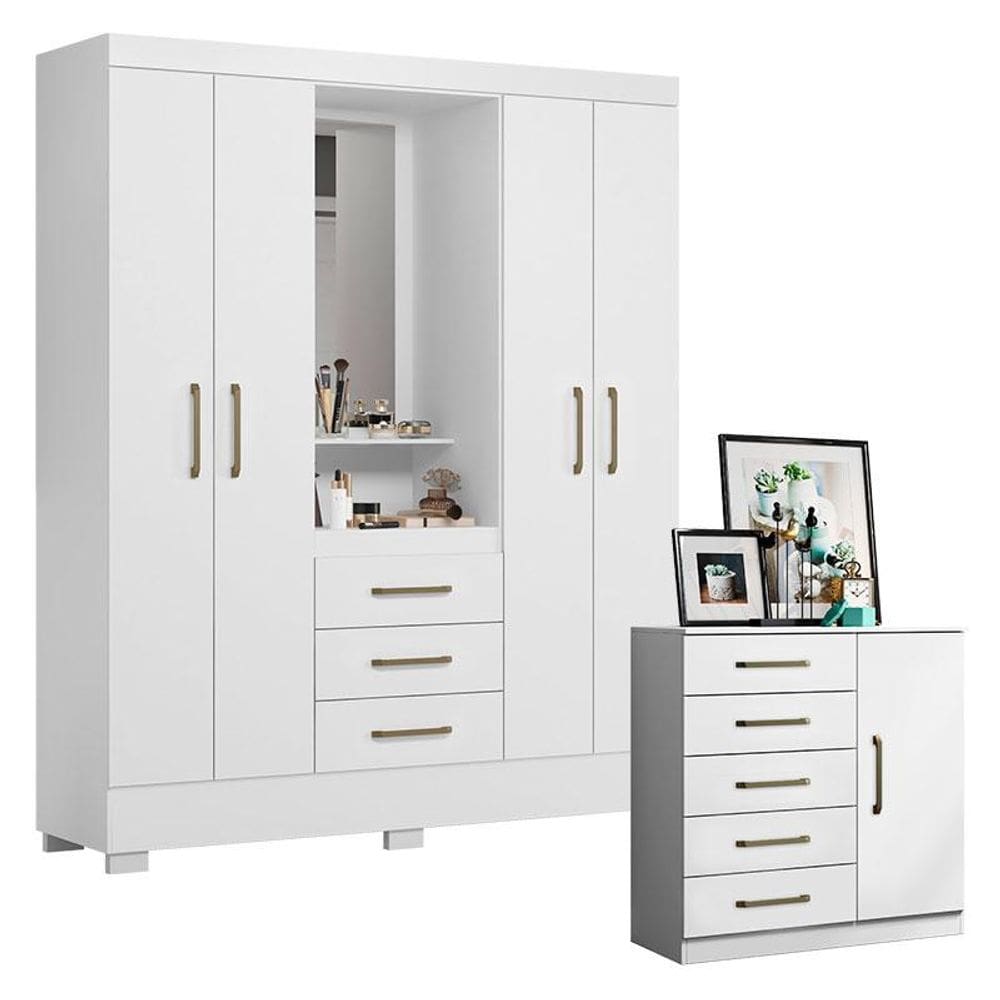 Cômoda Milão e Guarda Roupa Solteiro Paris 2045150 Branco - Aramóveis