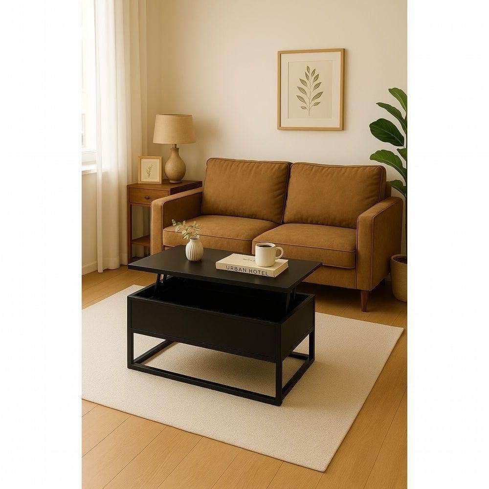Mesa De Centro Baú Elevável Preto Vira Mesa De Apoio Mdf 15mm E Ferro