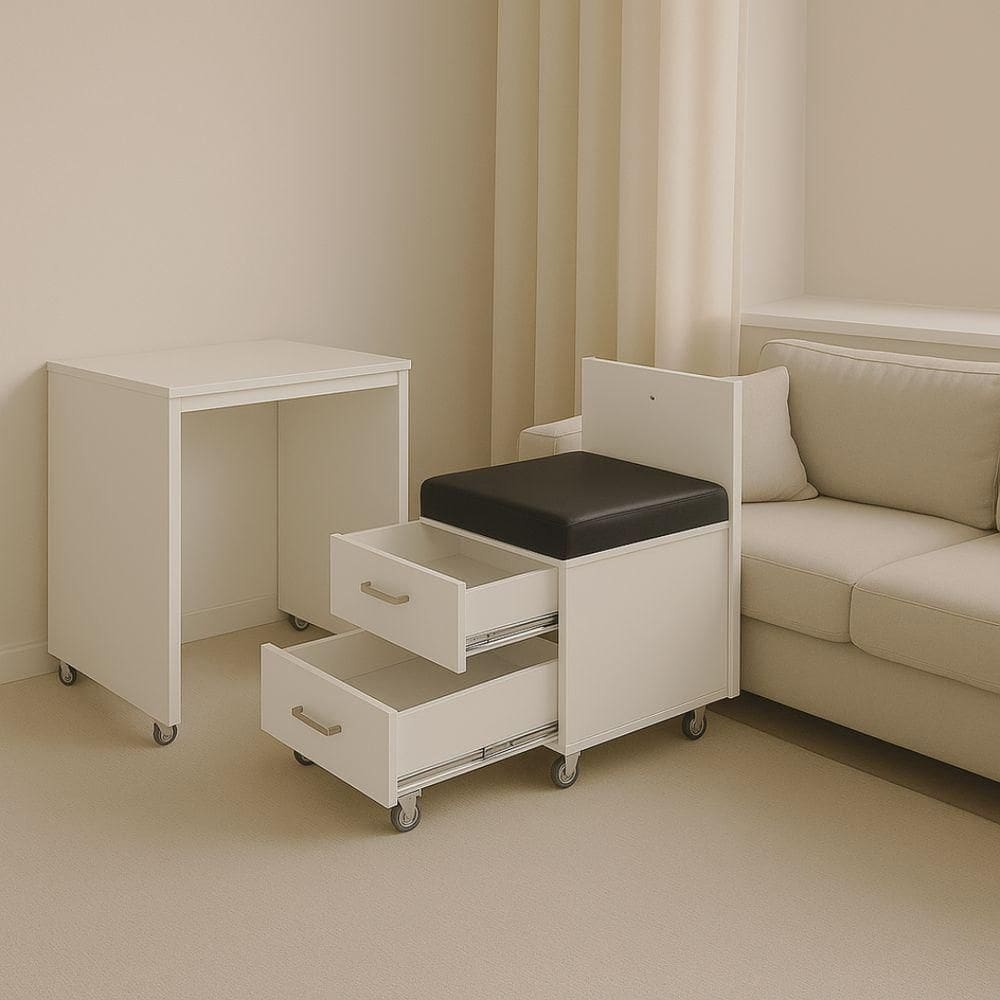 Mesa 2 Em 1 Branco Cadeira Embutida Gavetas Home Office Estudo Rodinhas