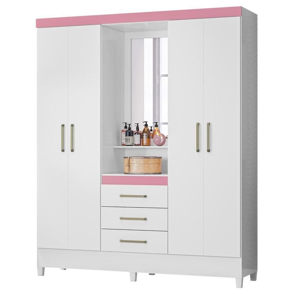 Guarda Roupa Capelinha 4 Portas 3 Gavetas Persia D02 Branco-rosa-branco - Mpozenato
