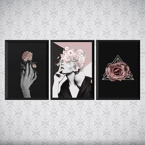 Kit 3 Quadros Para Quarto Mulher E Rosas 45X34Cm - Com Vidro