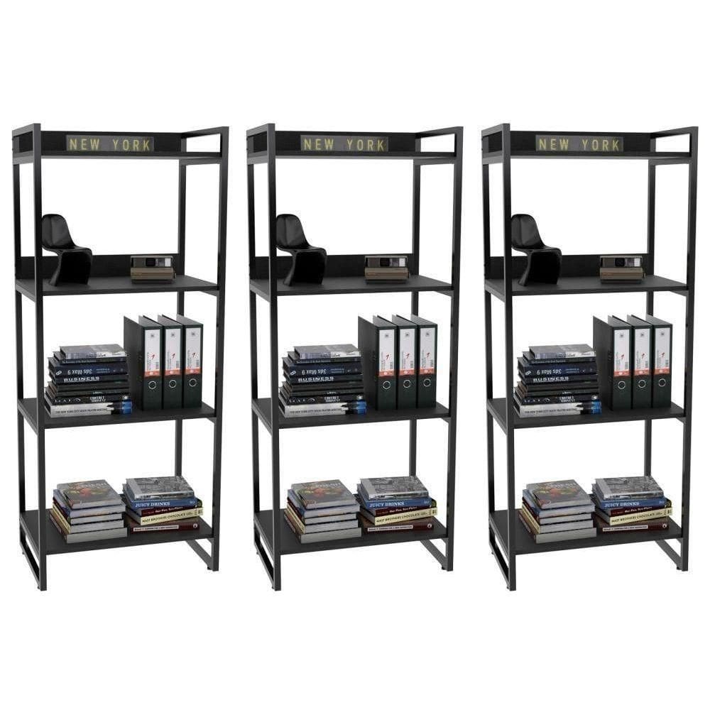 Kit 3 Estante Livreiro Prisma Estilo Industrial 60cm 4 Prateleiras C08 Preto Onix - Mpozenato