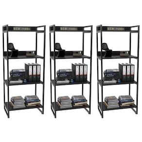 Kit 3 Estante Livreiro Prisma Estilo Industrial 60cm 4 Prateleiras C08 Preto Onix - Mpozenato