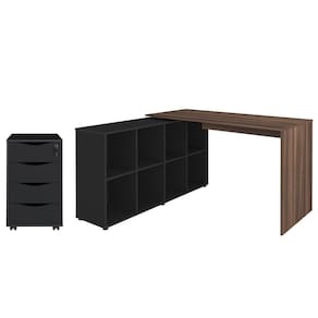 Mesa Escrivaninha Em L Eron E Gaveteiro Com Rodízios Mity A06 Ipê-preto - Mpozenato