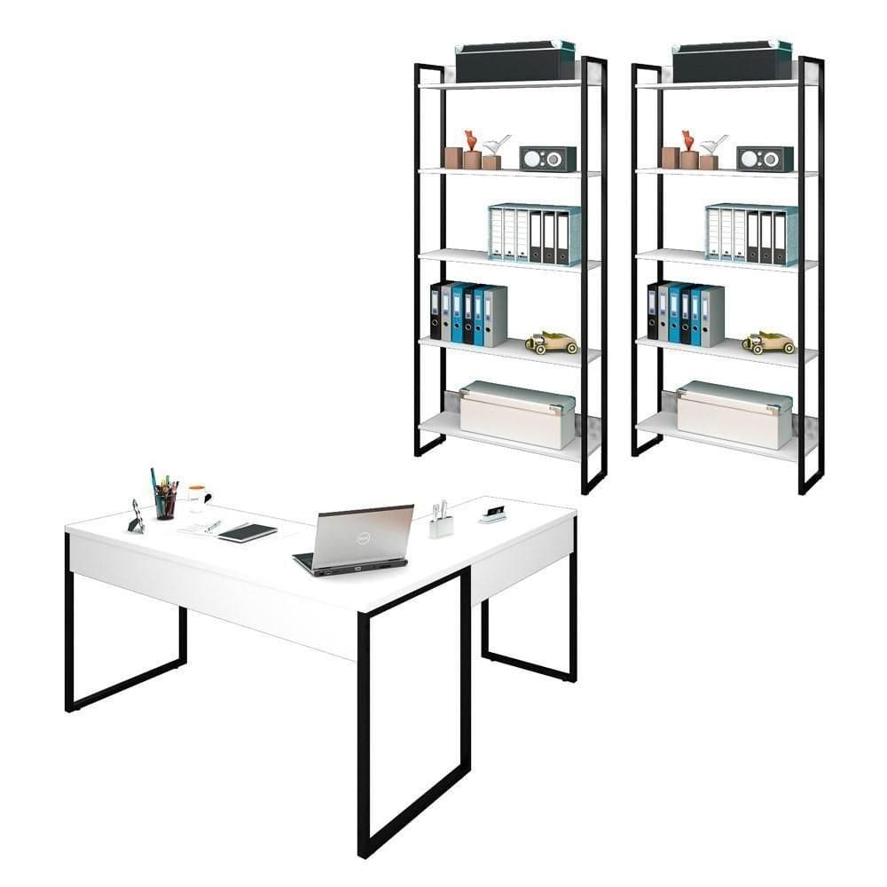 Conjunto Escritório 3 Peças 1 Mesa Em L E 2 Estantes Studio Industrial M18 Branco - Mpozenato