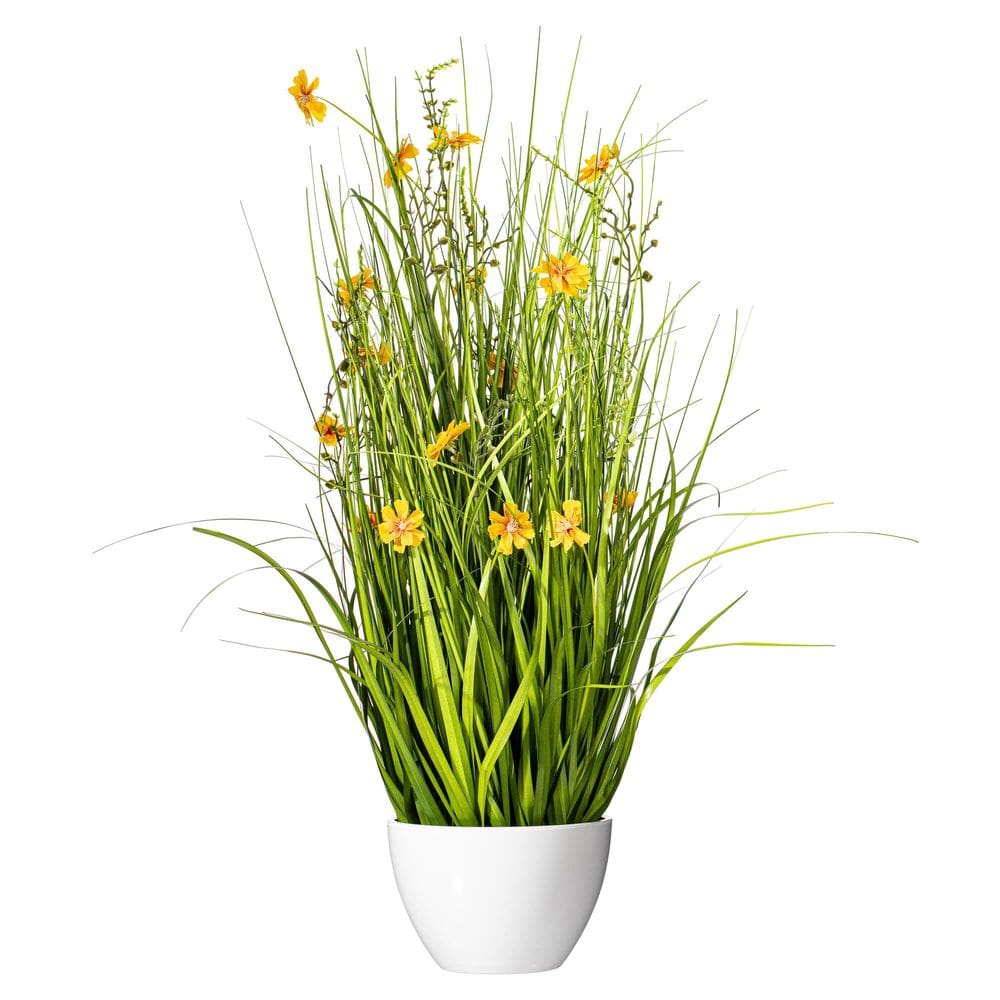 Cosmos amarelo em vasos artificiais e grama verde 31cm - Vickerman