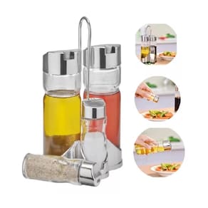 Kit Galheteiro Pote Vidro Azeite Vinagre Sal Tempero 5 Peças Suporte Restaurante Bar Cromado