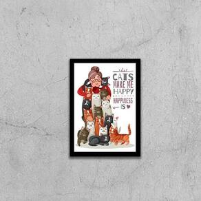 Quadro Cats Make Me Happy 33X24Cm - Com Vidro Moldura Preta