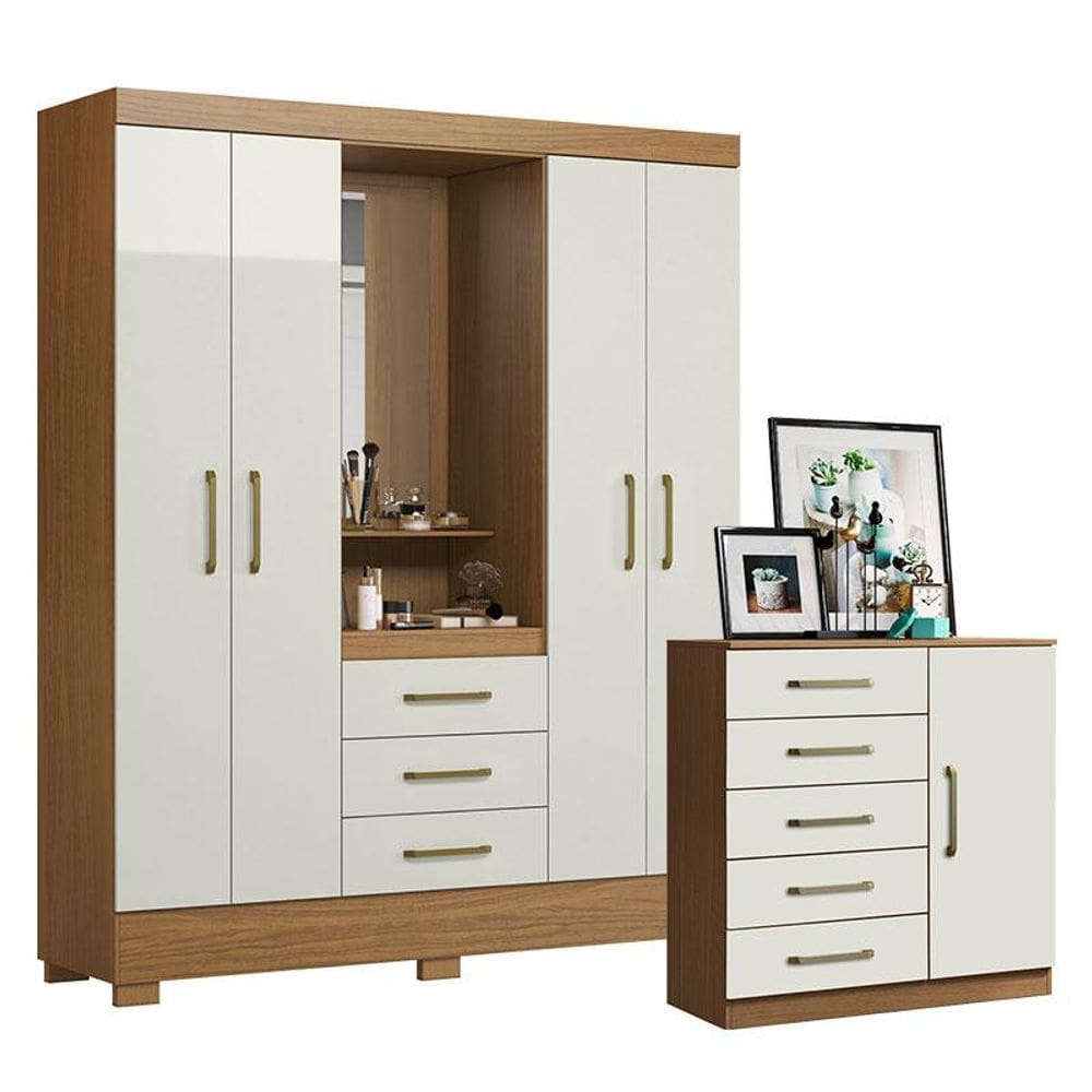 Cômoda Milão e Guarda Roupa Solteiro Paris 2045150 Atacama Off White - Aramóveis