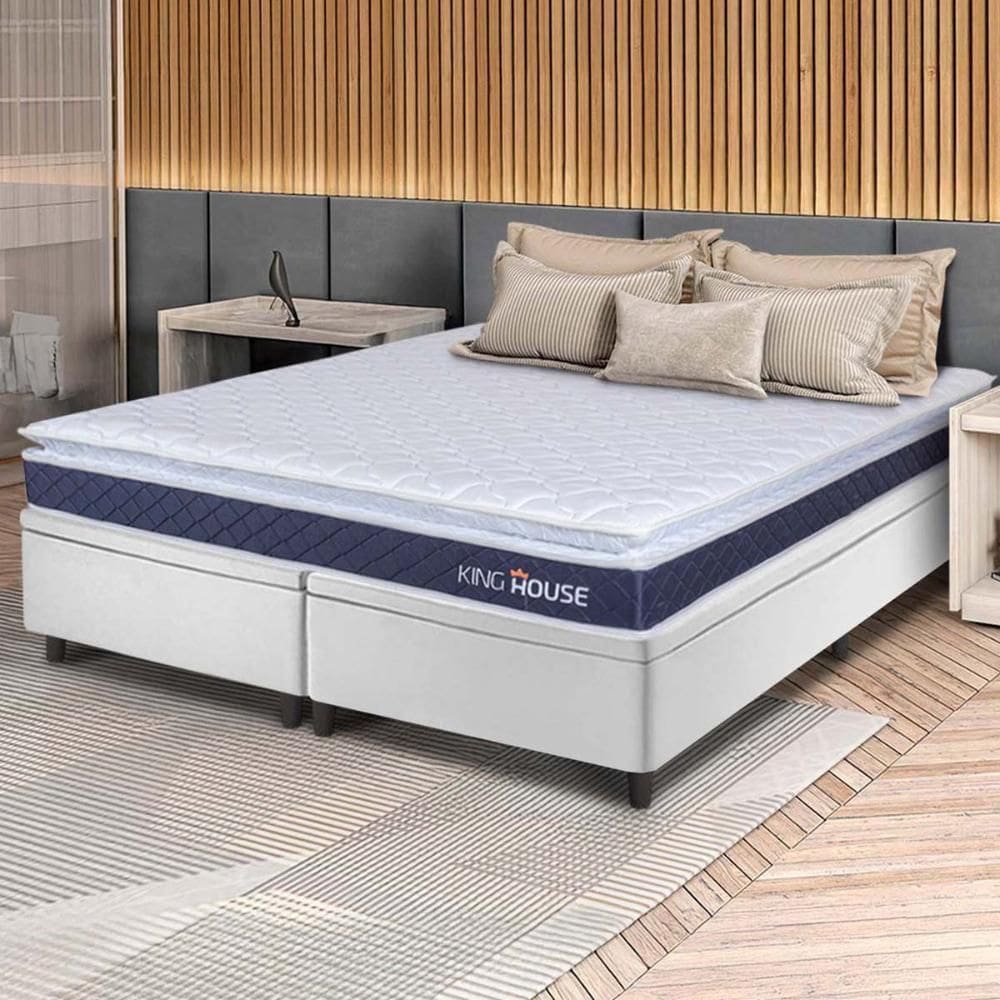 Conjunto Box Baú Branco Durban Azul Espuma D28 King 193x203x64 - King House