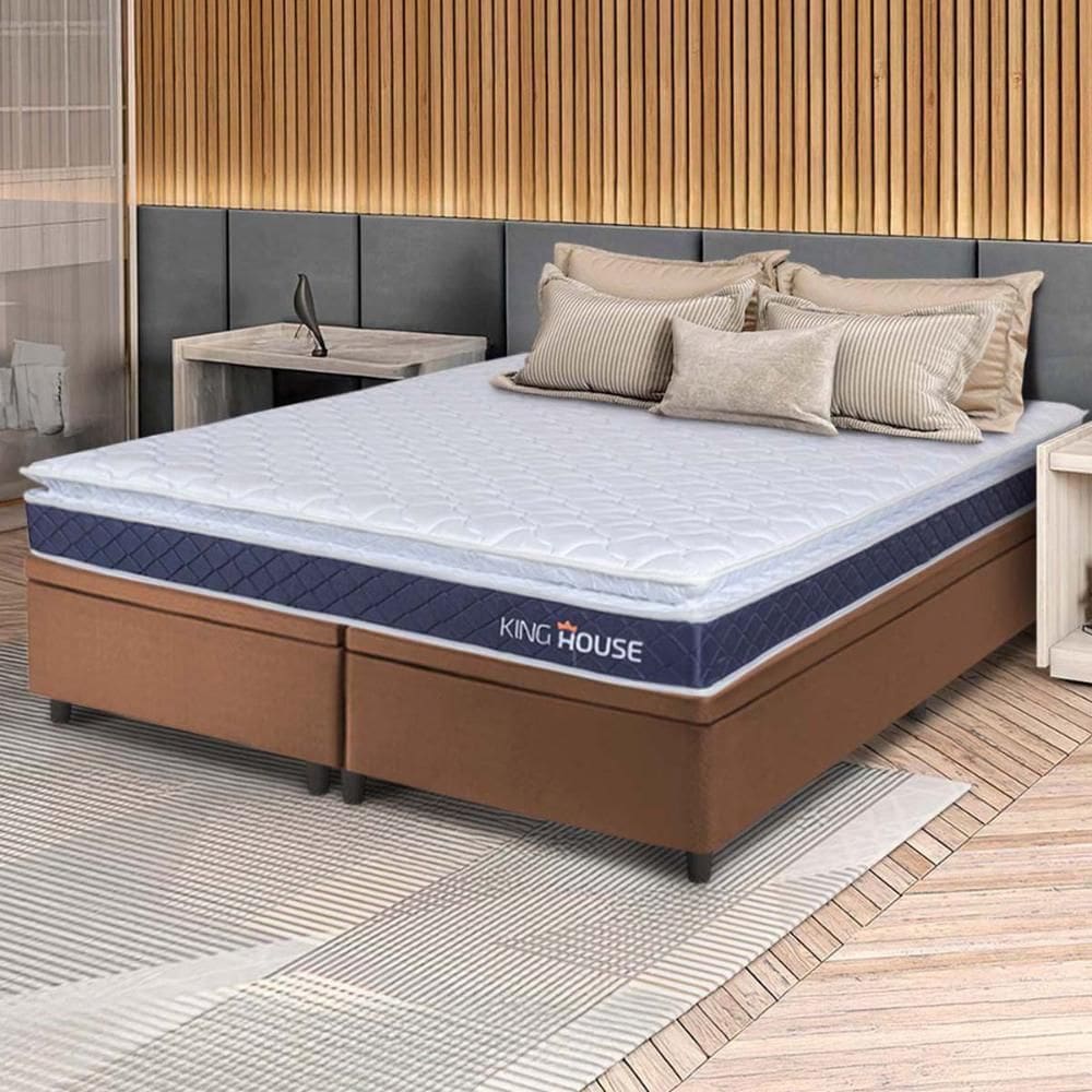 Conjunto Box Baú Marrom Durban Azul Espuma D28 Queen 158x198x64 - King House