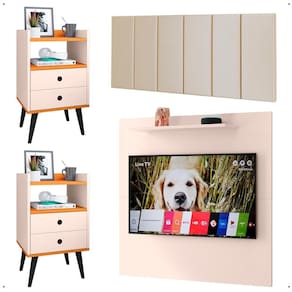 Kit 2 Mesinhas Lateral Off White/Cinamomo Painel Tv 32 Polegadas Prateleira Suspensa Cabeceira Cama Box Casal 1,40 Areia Suede - Lojas RPM