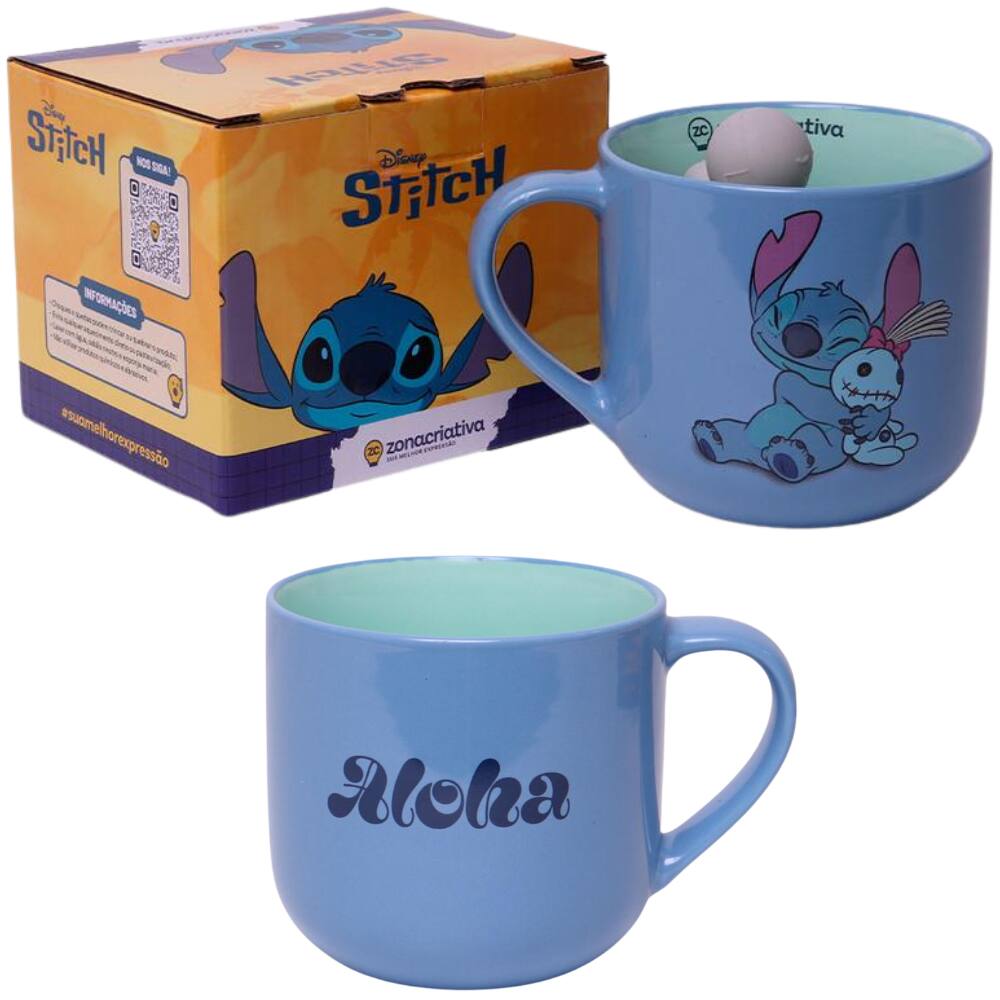 Caneca Stitch Aloha Com Boneco Infusor De Chá Cerâmica Oficial Disney