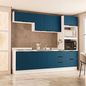 Cozinha 5 Peças Balcão 3 Gavetas 4 Portas Aéreo Basculante Torre Quente sem Tampo Meena Branco/Azul