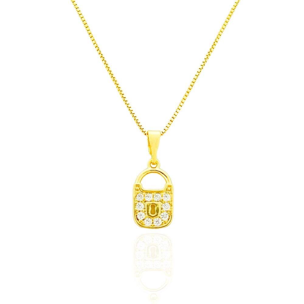 Colar Cadeado Cravejado Cristal Banhado a Ouro