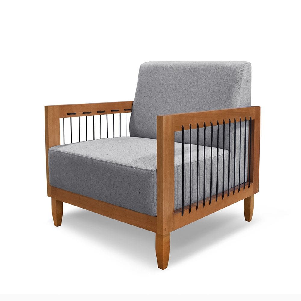 Poltrona Decorativa Base de Madeira Daia Linho Cinza - Loja Sheep