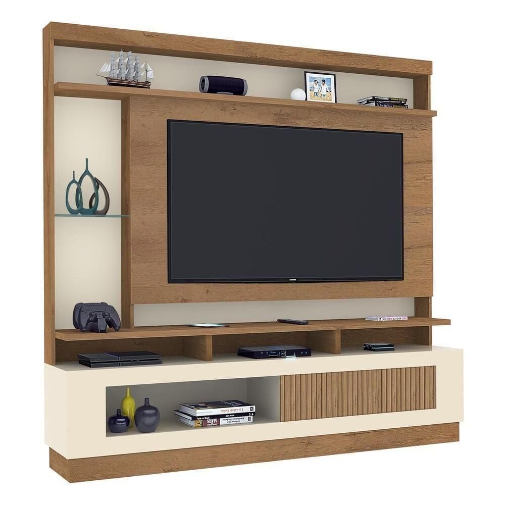 Rack Com Painel Até 65" Com 1 Porta Cr45213 Canelato Rústico 3d Off White