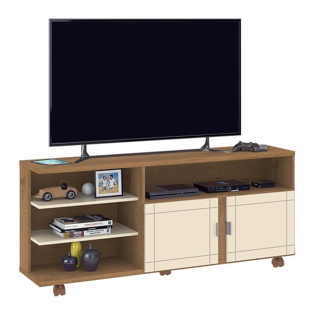 Rack Até 65" Com 2 Portas E Rodízios Multimóveis Cr45222 Canelato Rústico/ Off White