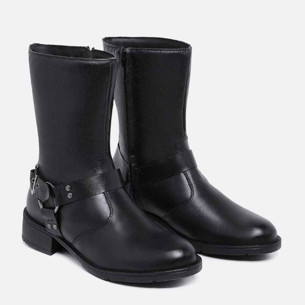 Bota Biker Feminina Couro Zíper Detalhes Fivela
