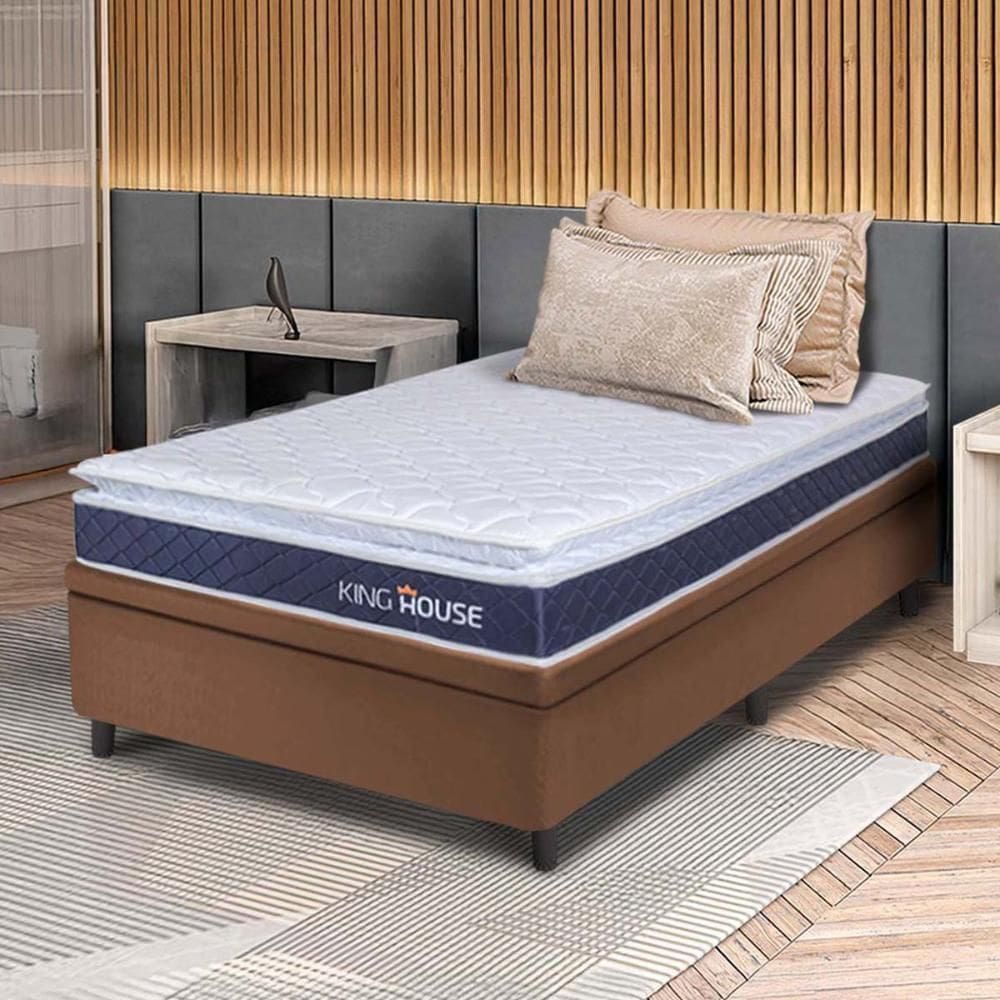Conjunto Box Baú Marrom Durban Azul Espuma D28 Solteiro 96x203x64 - King House
