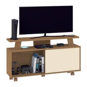 Rack Até 55" Com 1 Porta E Rodízios Canelato Rústico- Off White 3d