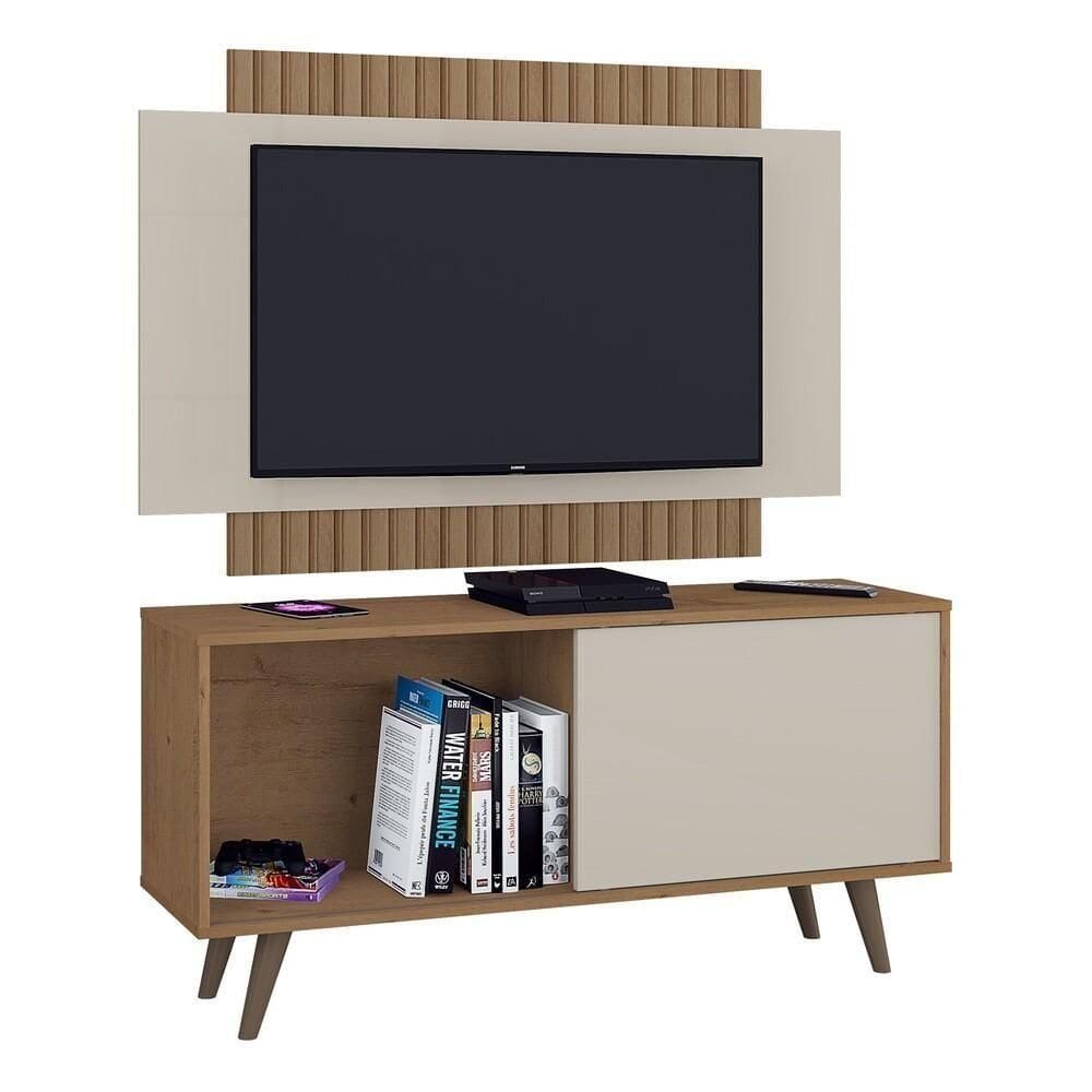 Rack Com Painel Até 50" Com Pés Retrô Cr45219 Canelato Rústico Off White