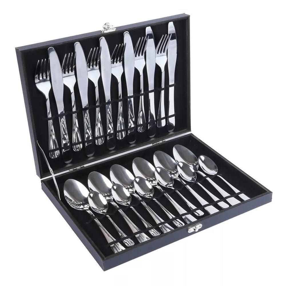 Kit Faqueiro Maleta Premium 24 Peças Conjunto Talheres Inox Estojo Madeira Completo Luxo
