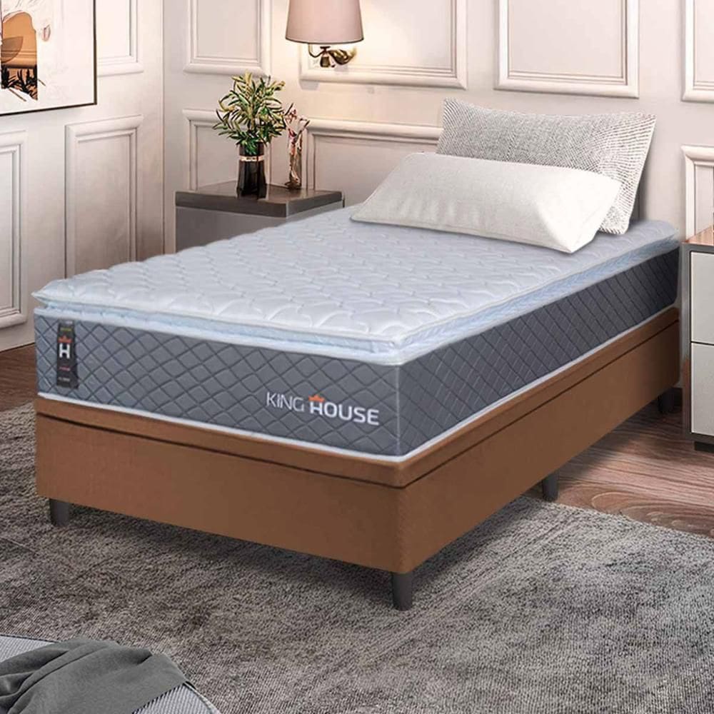 Conjunto Box Baú Marrom Argel Cinza Espuma D33 Solteiro 96x203x74 - King House