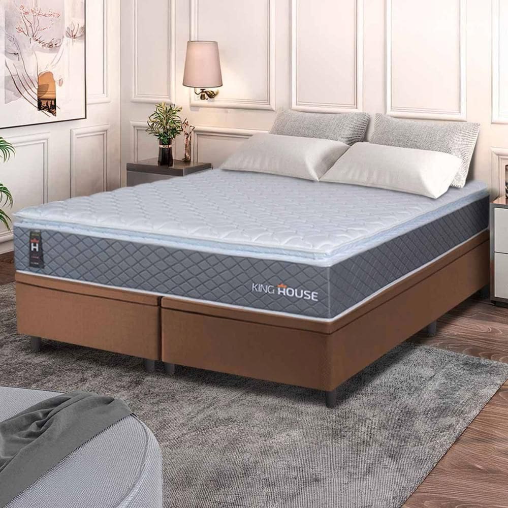 Conjunto Box Baú Marrom Argel Cinza Espuma D33 Queen 158x198x74 - King House