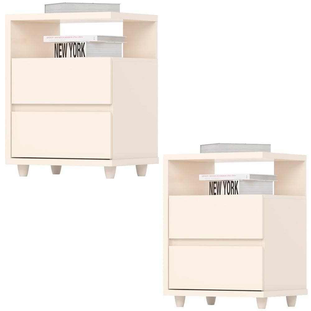 Kit 2 Mesas De Cabeceira 2 Gavetas 48 Cm Campeche Henn Off White