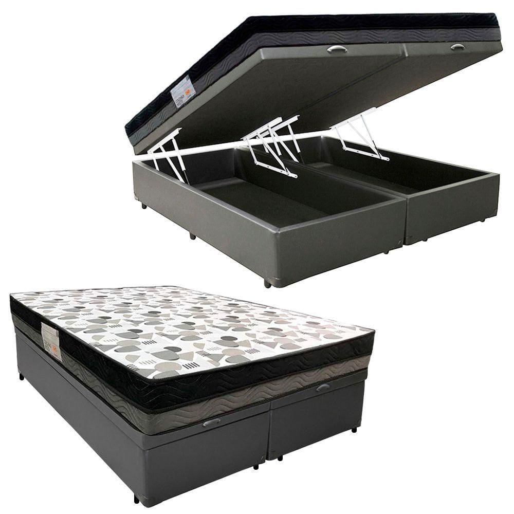Cama Box Baú Casal Sintético Bipartido + Colchão Ortobom Iso Dupla Face 138x188x60 Cinza