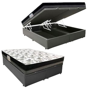 Cama Box Baú Casal Sintético Bipartido + Colchão Ortobom Iso Dupla Face 138x188x60 Cinza