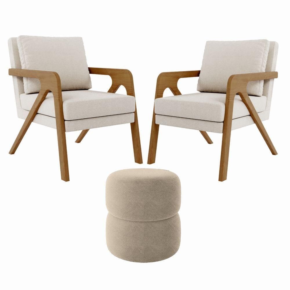 Kit 2 Poltrona Decorativa Puff Sala Moderno Escritório Maia Bouclé Bege