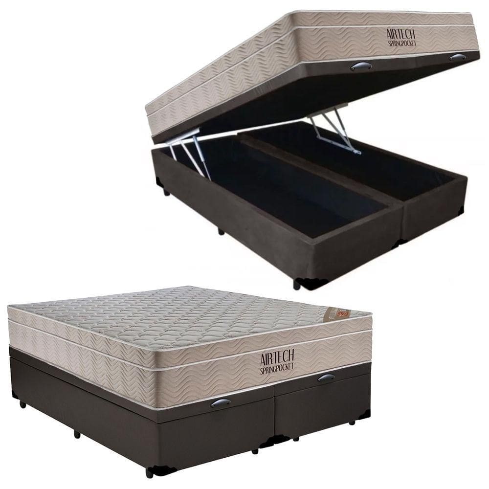 Cama Box Baú Casal Sintético Bipartido + Colchão Ortobom Airtech Molas Ensacadas 138x188x65 Marrom