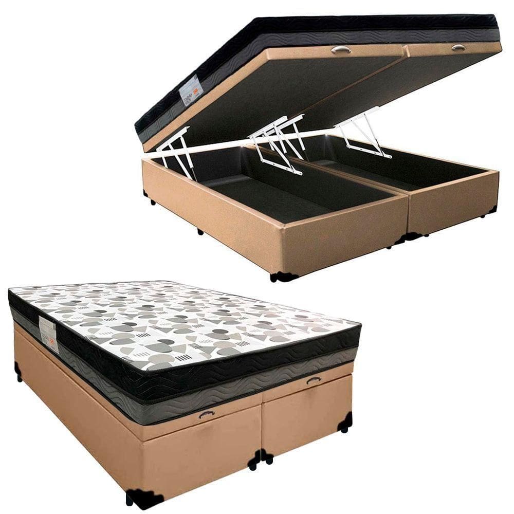 Cama Box Baú Casal Sintético Bipartido + Colchão Ortobom Iso Dupla Face 138x188x60 Bege