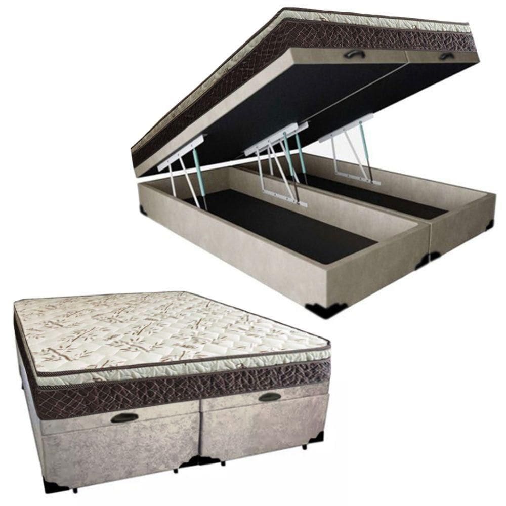 Cama Box Baú Queen Suede Bipartido + Colchão Elegance Ortopédico Espuma D33 Extra Firme 158x198x63 Cor:bege