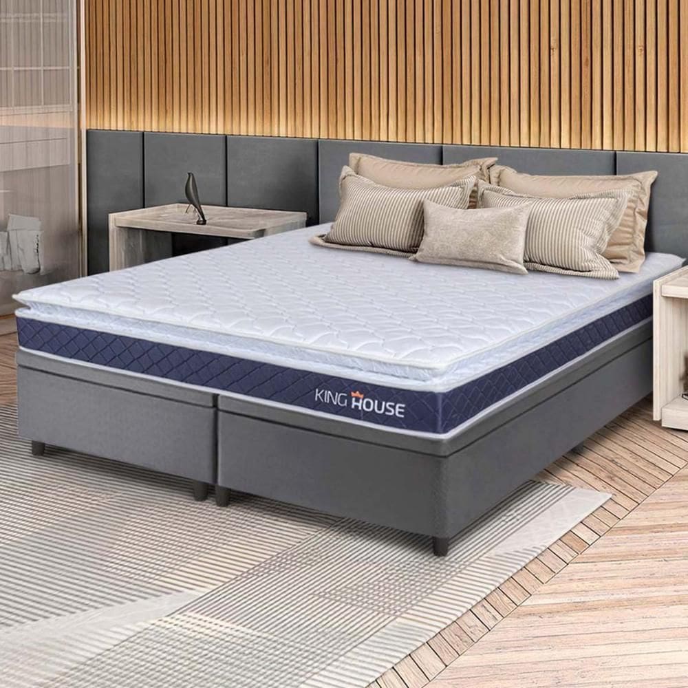Conjunto Box Baú Cinza Durban Azul Espuma D28 King 193x203x64 - King House