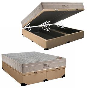 Cama Box Baú King Sintético Bipartido + Colchão Ortobom Airtech Molas Ensacadas 193x203x65 Cor:bege