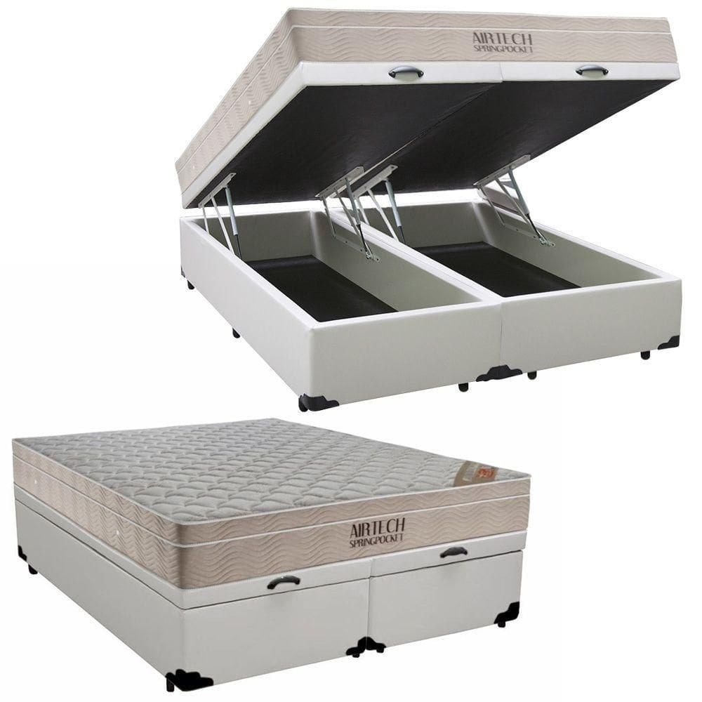 Cama Box Baú King Sintético Bipartido + Colchão Ortobom Airtech Molas Ensacadas 193x203x65 Cor:branco