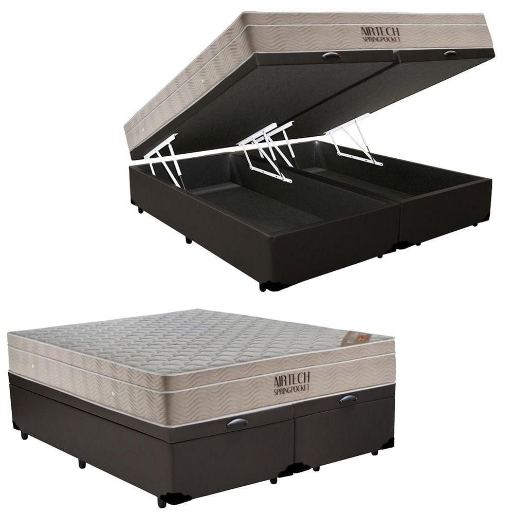 Cama Box Baú King Sintético Bipartido + Colchão Ortobom Airtech Molas Ensacadas 193x203x65 Cor:marrom