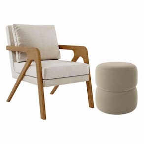 Kit Poltrona E Puff Decorativo Luxo Sala Escritório Lana Bouclé Bege