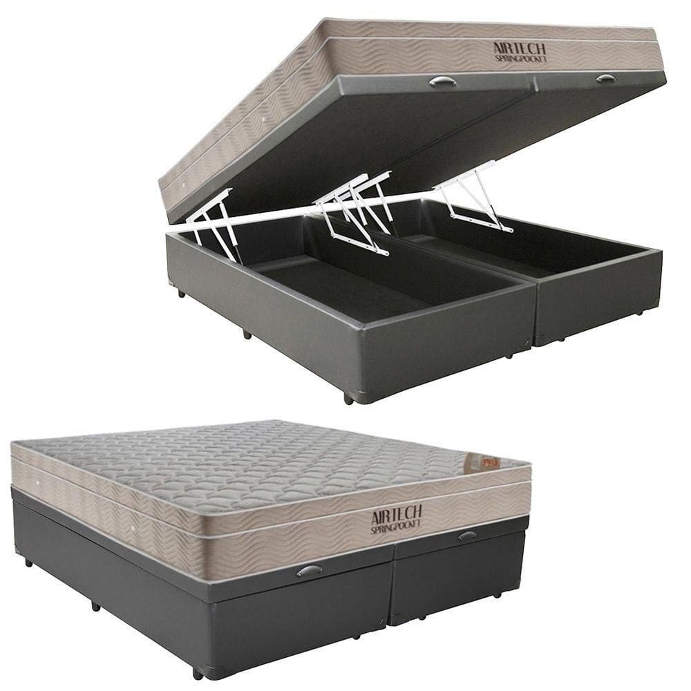 Cama Box Baú King Sintético Bipartido + Colchão Ortobom Airtech Molas Ensacadas 193x203x65 Cor:cinza