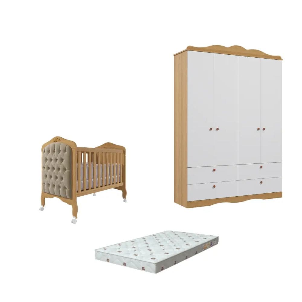 Quarto Bebe Berço e Guarda roupa Canto Dorabelly + Colchão e capitone