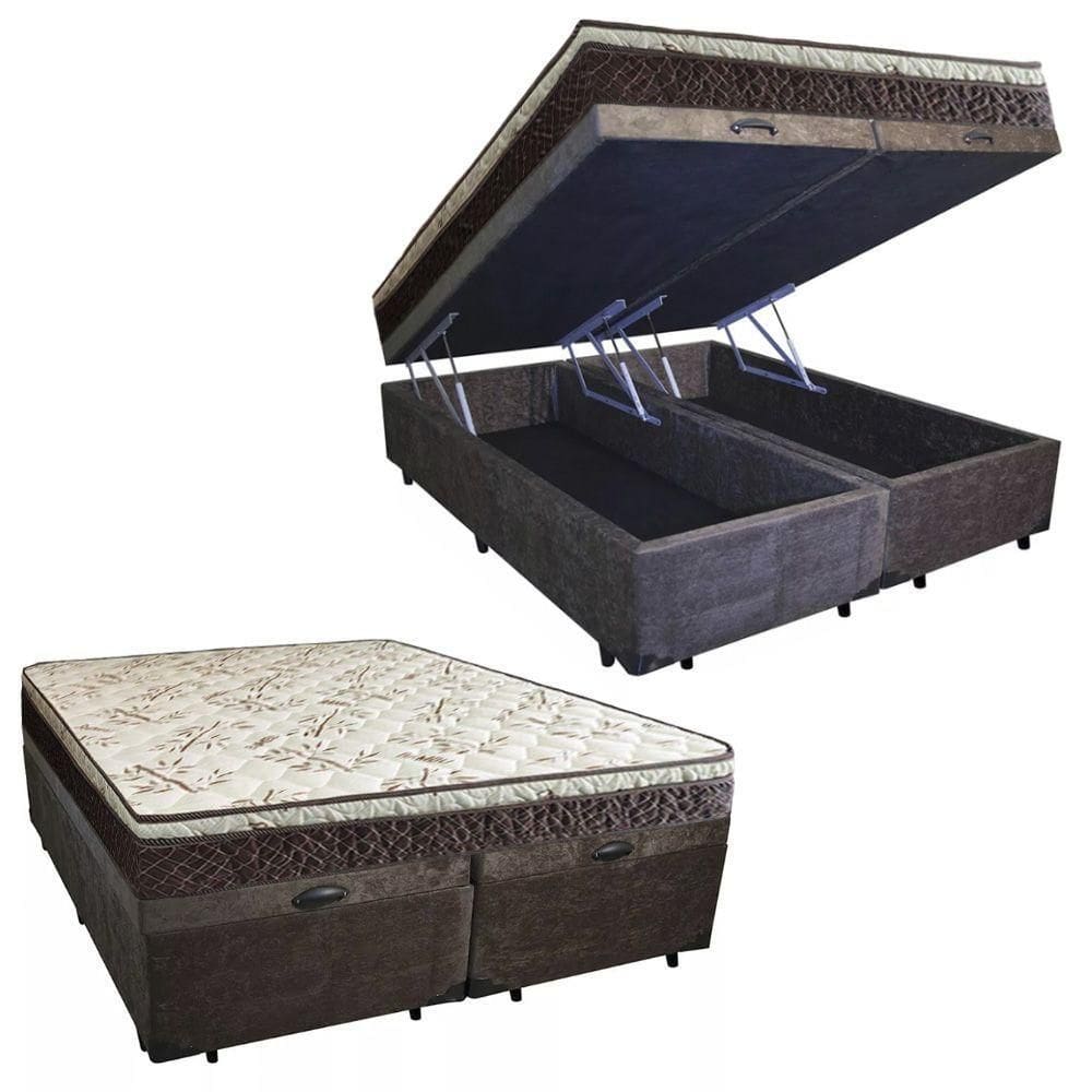 Cama Box Baú Queen Suede Bipartido + Colchão Elegance Ortopédico Espuma D33 Extra Firme 158x198x63 Cor:marrom