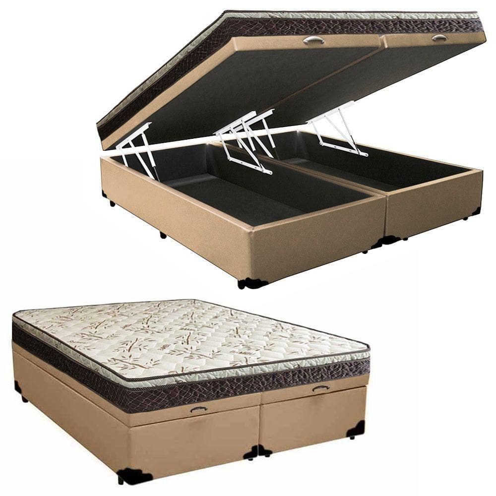 Cama Box Baú Queen Sintético Bipartido + Colchão Elegance Ortopédico Espuma D33 Extra Firme 158x198x63 Cor:bege
