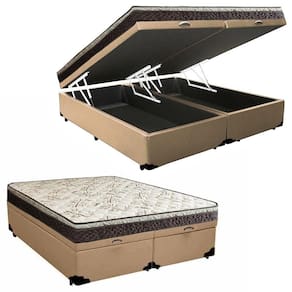 Cama Box Baú Queen Sintético Bipartido + Colchão Elegance Ortopédico Espuma D33 Extra Firme 158x198x63 Cor:bege