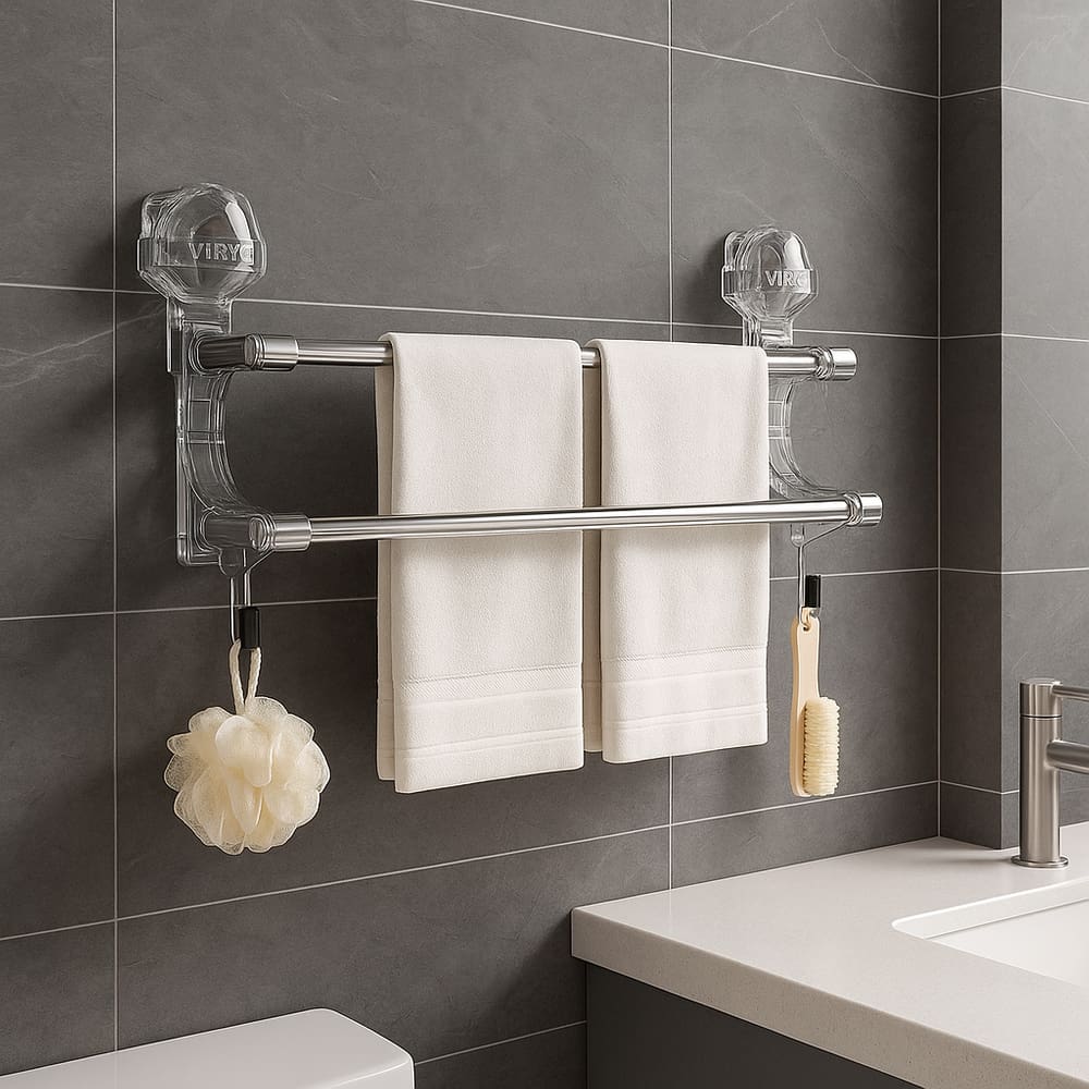 Toalheiro Duplo com Ventosa em Aço Inox e Acrílico Porta toalha– Instalação Sem Furos e Alta Durabilidade