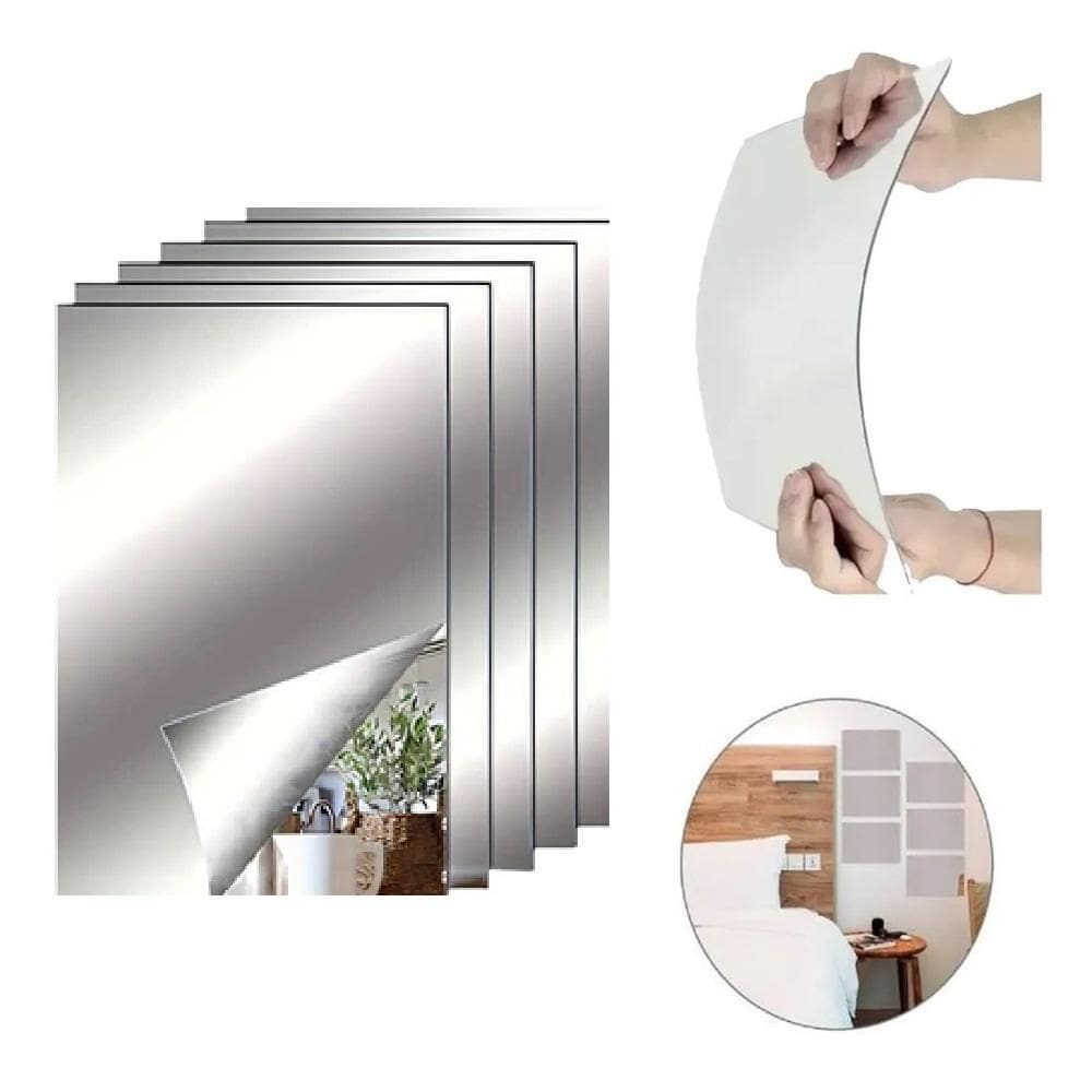 Kit 4 Espelho Acrilico 20X30 Cm Adesivo Espelhado Flexivel Autocolante Para Casa Banheiro Parede Decoração