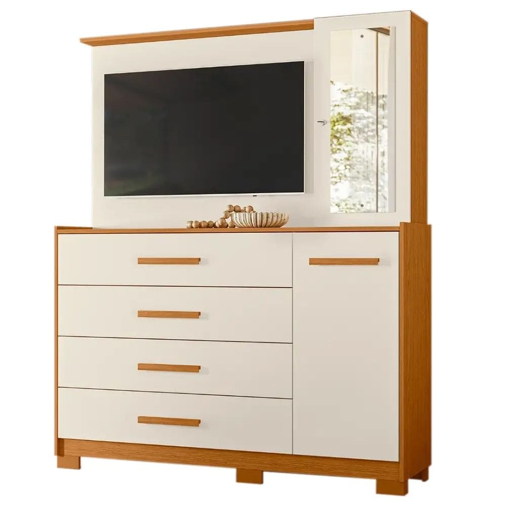 Cômoda Ilhabela com Painel para TV 4 Gavetas 2 Portas e Espelho Albatroz Cor Cinamomo Off White