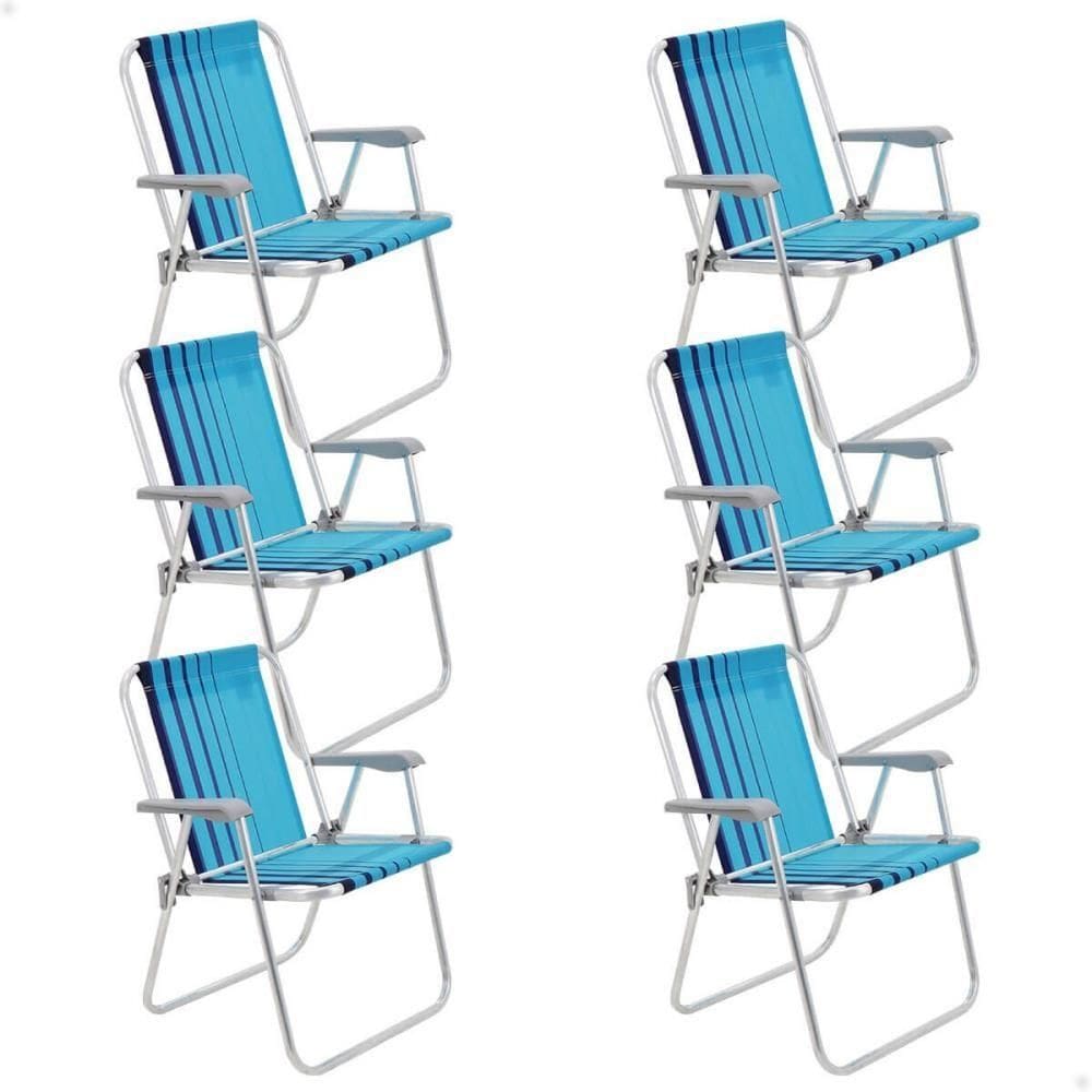 Kit 06 Cadeiras de Praia Tramontina Samoa Alta Alumínio c/ Assento Azul Cristal e Marinho 92900002